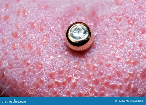 Tongue Piercing and Gold Jewelry with Stone. Macro Photo Stock Image ...