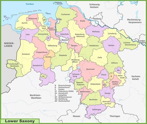 Administrative divisions map of Lower Saxony - Ontheworldmap.com