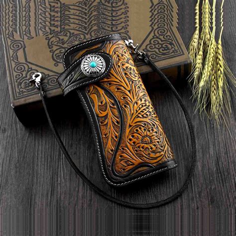 Handmade Tooled Black Leather Mens Biker Chain Wallet Long Biker Walle ...