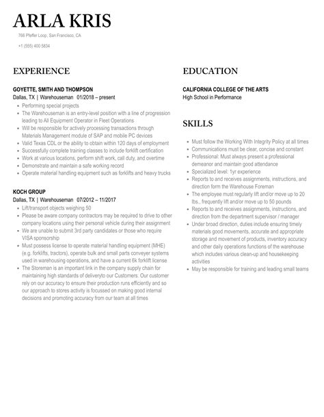 Warehouseman Resume Samples | Velvet Jobs