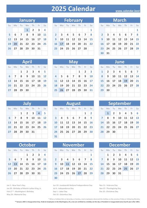 2025 Federal Holidays : list and 2025 calendar with holidays to print