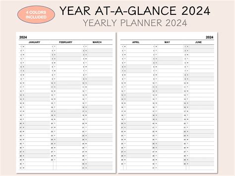 Printable Yearly Planner Calendar 2024, Yearly Overview 2024, Year At-a-glance 2024, 4 Colors - Etsy