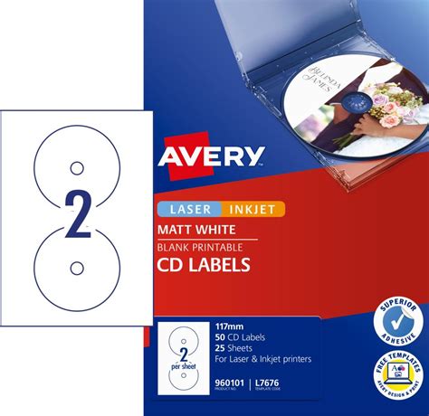 Avery White CD Labels for Laser Printers - 117mm diameter - 50 Labels (L7676) | Winc