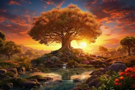 Garden of Eden with Tree of Life garden at sunset AI | Premium AI-generated image