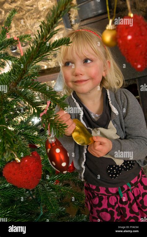Une jeune fille décorer un arbre de Noël traditionnel avec des boules de couleur.Une saison ...