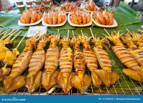 Grilled Squid Skewers and Shrimps. Stock Photo - Image of mayom, colorful: 111105410