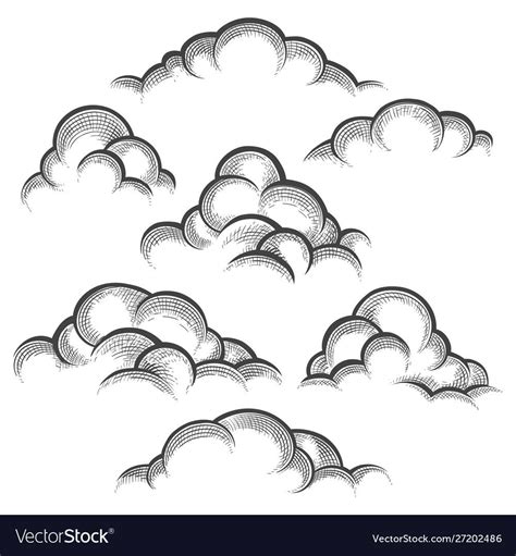 Clouds engraving illustration. Nature line art sketched decorative cloud set vector illustration ...