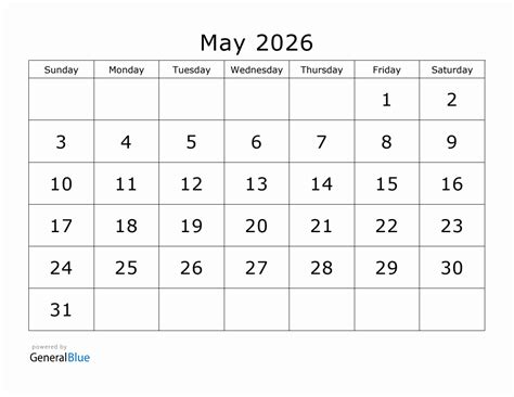 Printable May 2026 Calendar