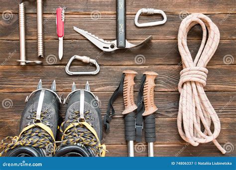 Climbing Equipment: Rope, Trekking Shoes, Crampons, Ice Tools, I Stock Image - Image of activity ...