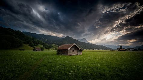 HD wallpaper: cloudy sky, field, log cabin, hut, valley, mountain village | Wallpaper Flare