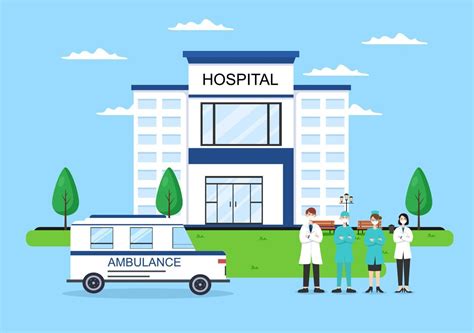 Hospital Building for Healthcare Background Vector Illustration with, Ambulance Car, Doctor ...