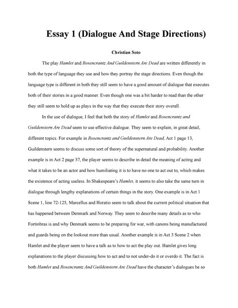 Essay 1 (Dialogue And Stage Directions) - Essay 1 (Dialogue And Stage Directions) Christian Soto ...