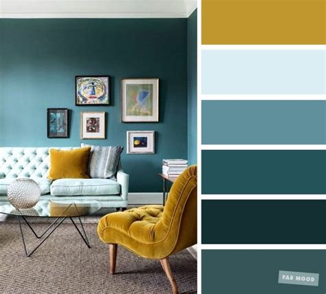 The best living room color schemes - Mustard, Teal and light blue color ...