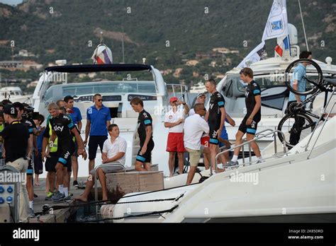 Team Sky arrive for the 100th Tour de France team presetantions by motorboat Stock Photo - Alamy