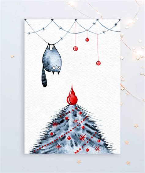 Printable Christmas Postcard, Hand-painted Watercolor Cat Over the Christmas Tree - Etsy ...