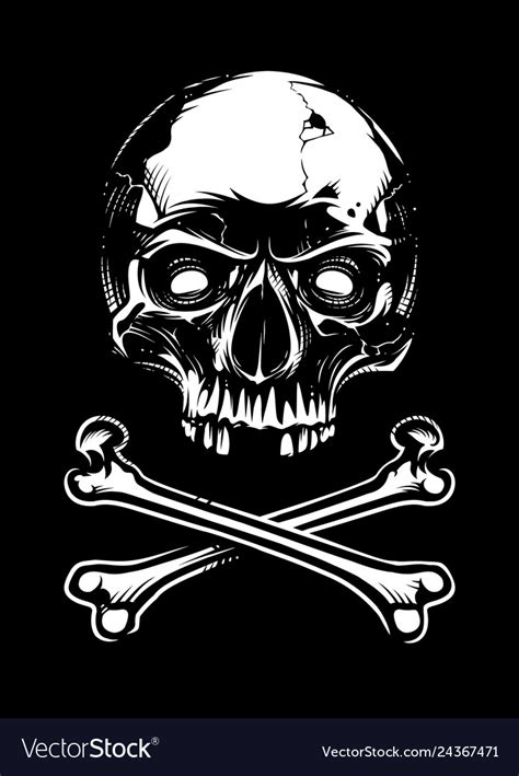 White skull with bones on black background Vector Image