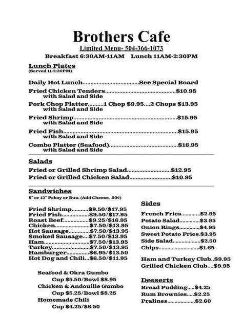 Menu at Brothers “Ole New Orleans” Cafe, Harvey