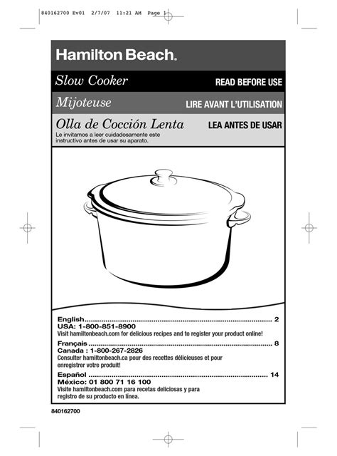 HAMILTON BEACH 33157C SLOW COOKER USER MANUAL | ManualsLib