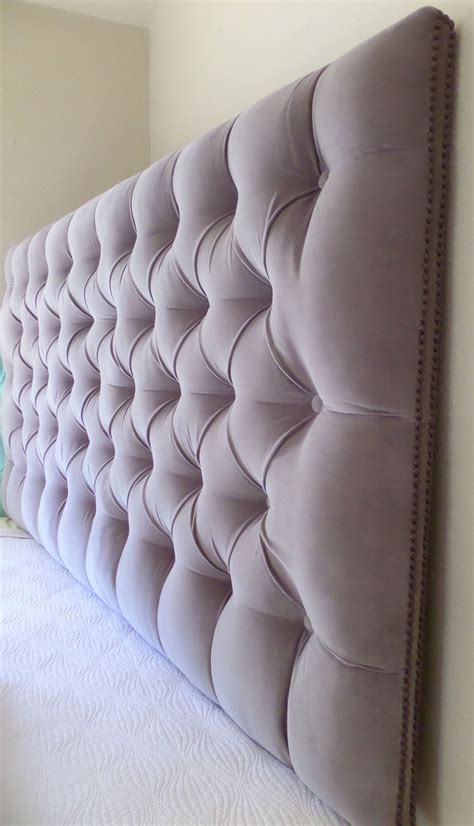 Gray velvet deep tufted king headboard nailhead trim custom wall ...