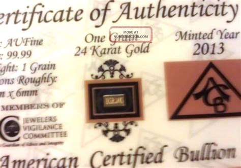 24k Pure Au Gold Bullion 1grain Bar In Certificate Of Authenticity ...