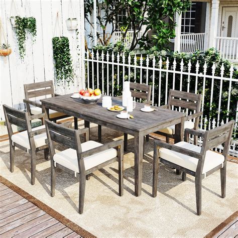 7 Piece Acacia Wood Outdoor Patio Furniture Dining Set with Dining Table and 6 Chairs, for Patio ...