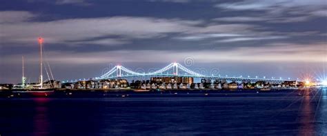 Claiborne Pell Bridge in Background at Night in Newport Rhode Island ...