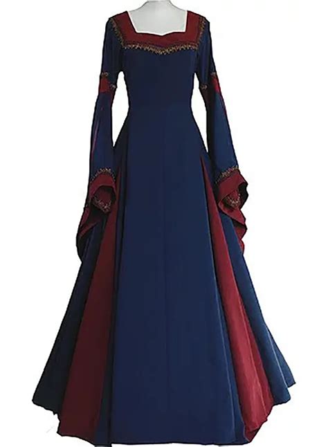 Adult Women Medieval Costume Long Gown Dress Victorian Blue Bell Sleeve Square Collar Back ...