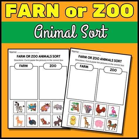 Zoo or Farm Animal Sort Center Game for Preschool and Kindergarten - Cut & Paste Worksheets ...