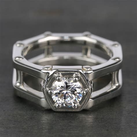 Hexagonal Rivet Round Solitaire Men's Engagement Ring (1 Carat)