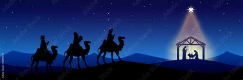 Christmas Nativity Scene black silhouette on blue background Stock ...