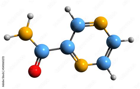 3D image of Pyrazinamide skeletal formula - molecular chemical structure of tuberculosis ...