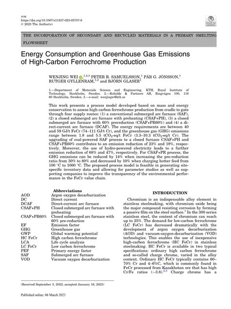 (PDF) Energy Consumption and Greenhouse Gas Emissions of High-Carbon Ferrochrome Production