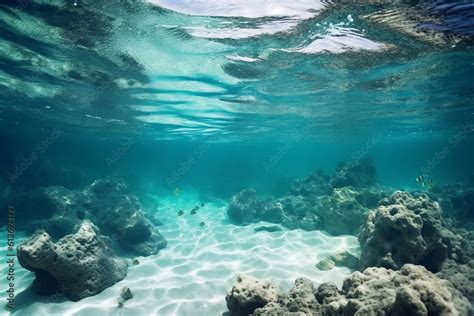 Abstract diving clean underwater background on the maldives islands with bokeh. AI Generative ...