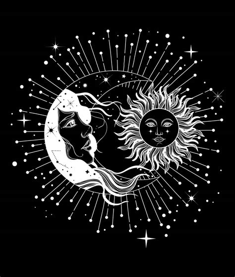 Black Wallpaper of Sun and Moon with Stars - Magic Decor