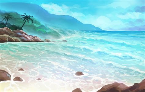 Sea, summer, palm trees, island, art, painted landscape for , section разное, Sea Painting HD ...