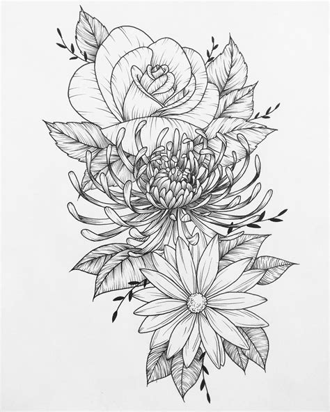 rose, chrysanthemum (simple drawing), trillium | Flower tattoo sleeve, Colorful flower tattoo ...