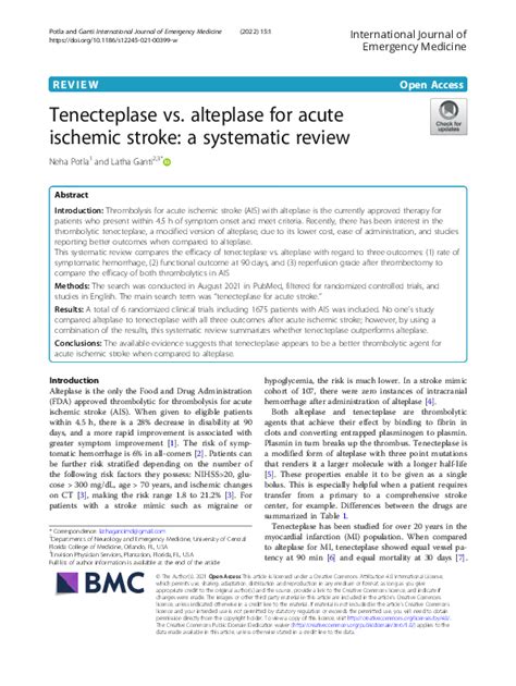 (PDF) Tenecteplase vs. alteplase for acute ischemic stroke: a systematic review | Neha Potla ...