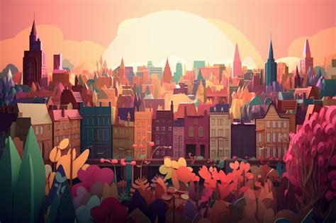 Premium AI Image | A cartoon illustration of a city with a sunset in ...