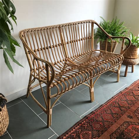 Vintage Bohemian Rattan Bamboo Sofa – Mustard Vintage