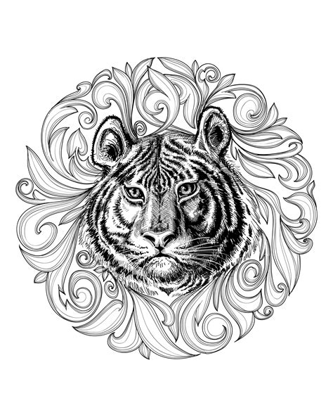 Tiger leaves framework - Tiger Coloring Pages for adults