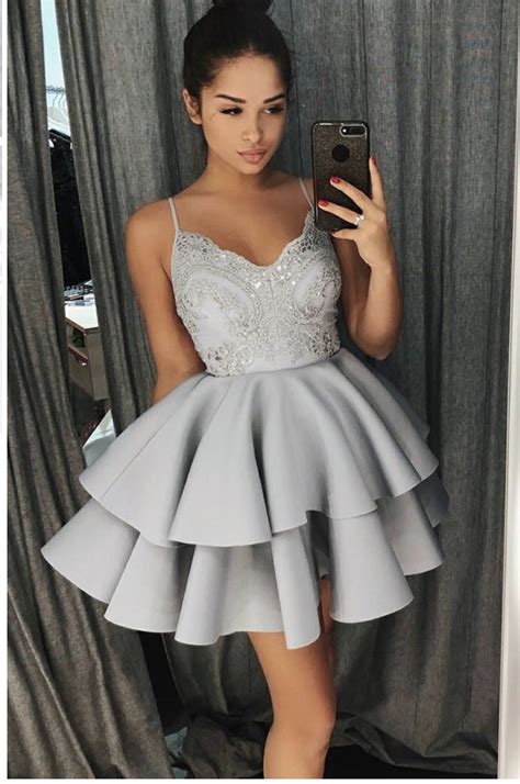 V Neck Short Silver Gray Lace Prom Dresses, Short Silver Grey Lace Graduation Homecoming Dresses ...