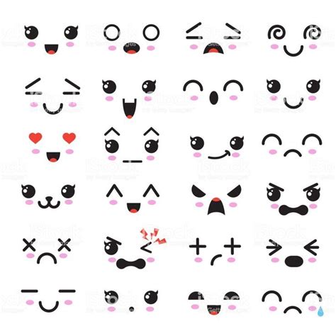 Kawaii Cute Faces Manga Style Eyes And Mouths Funny Cartoon Japanese Emoticon In In Different ...