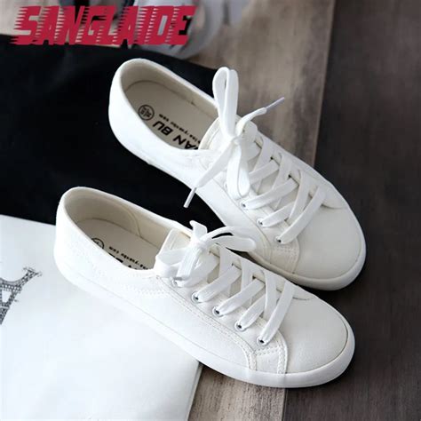 SANGLAIDE 2016 New Autumn Summer Solid Color Low Canvas White Casual ...