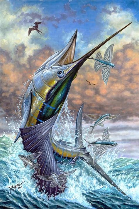 Jumping Sailfish And Flying Fishes by Terry Fox | Fish drawings, Fish artwork, Fish art