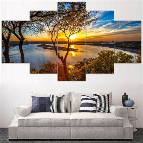 Beautiful Sunrise Lakeview – Nature 5 Panel Canvas Art Wall Decor – Canvas Storm