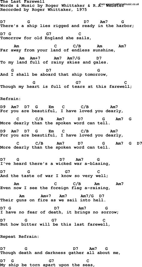 Song lyrics with guitar chords for Last Farewell, The - Roger Whitaker, 1975