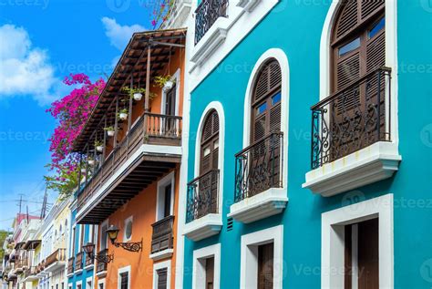 Puerto Rico colorful colonial architecture in historic city center ...