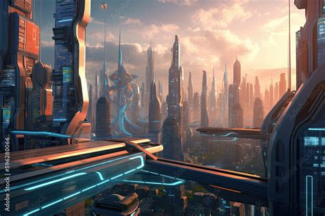 futuristic city skyline dominated by towering skyscrapers Stock ...