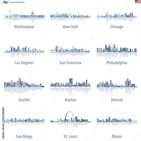 United States largest cities skylines vector illustrations in light blue color palette 素材庫向量圖 ...