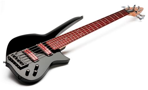 an electric guitar with black body and red neck, on a white background in close up view